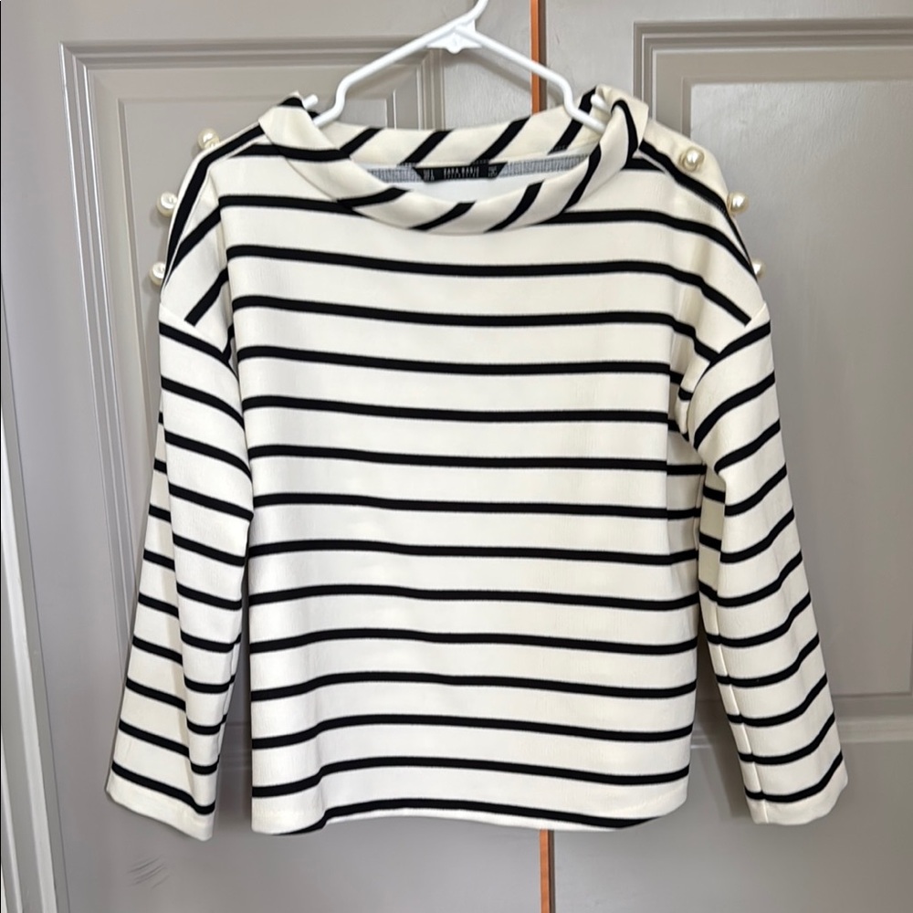 Zara Black and White Striped Blouse with Pearl Accents